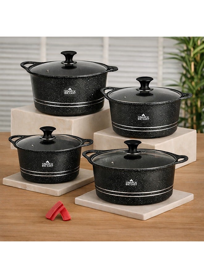 Sonex Diecast Eden King Non-Stick Cookware Set, 10-Piece, Glass Lids & Silicone Holders, 3L-13L, Advanced Korean Diecast Technology, Marble Non-Stick Coating, Dishwasher Safe, PTFE & PFOA-Free, Black - Image 2